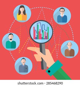 Flat design style. Modern vector concept of successful business partnerships. Magnifier diagram showing teamwork, human resources. Vector Illustration