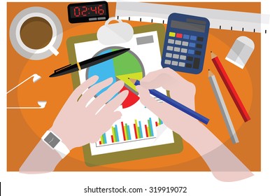 Flat design style modern vector illustration concept of business person working making graph and charts on paper at business workplace with office items and objects. Isolated on stylish background.