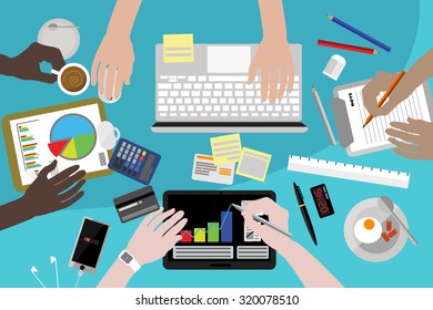 Flat design style modern vector illustration concept of teamwork consulting on briefing, small business project presentation, group of people planning, brainstorming idea of company financial strategy