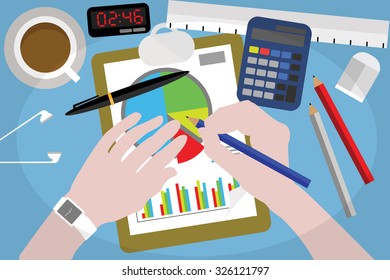 Flat design style modern vector illustration concept of business person working making graph and charts on paper at business workplace with office items and objects. Isolated on stylish background.