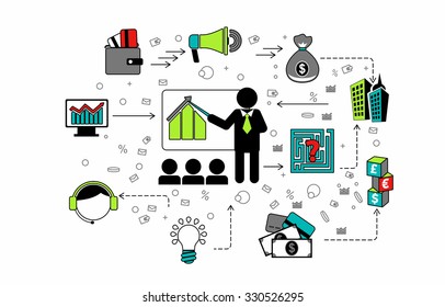 Flat design style modern vector illustration icons concept of corporate consulting, business management, financial planning, office organization development, professional support and service.
