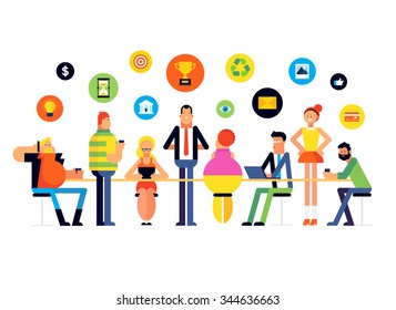 Flat design style modern vector illustration: Business Meeting and Brainstorming, Consulting, Presentation.
