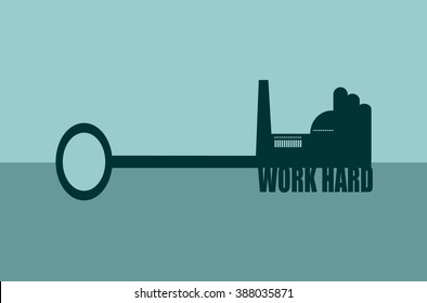 Flat design style modern vector illustration concept of hand holding a key. Factory icon and work hard text on key