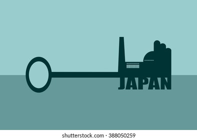 Flat design style modern vector illustration concept of hand holding a key of japan. Factory icon and text on key