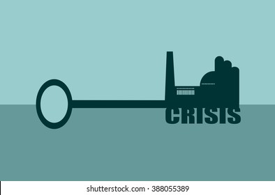 Flat design style modern vector illustration concept of hand holding a key of crisis. Factory icon and text on key