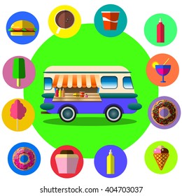 Flat design style modern vector icons set of wagon full of tasty summer food, meals, drinks and fruits. Isolated illustration on stylish color background