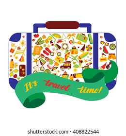 Flat design style modern vector illustration with icons set of traveling on airplane, planning a summer vacation, tourism and journey objects and passenger