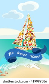 Flat design style modern vector illustration with icons set of traveling on airplane, planning a summer vacation, tourism and journey objects and passenger
