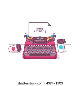 Diseño plano, máquina de escribir moderna de ilustración vectorial con café. Aislado sobre un fondo de color elegante