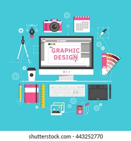 Flat design style modern vector illustration icons set of graphic designer items and tools, office various objects and equipment. Isolated on stylish color background
