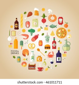 Flat design style modern vector illustration food and drink icon set. Tasty food, meals, drinks, confection, seafood, vegetables and fruits.