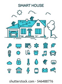 Flat design style modern vector illustration concept of smart house technology system with centralized control of lighting, heating, ventilation and air conditioning, line art