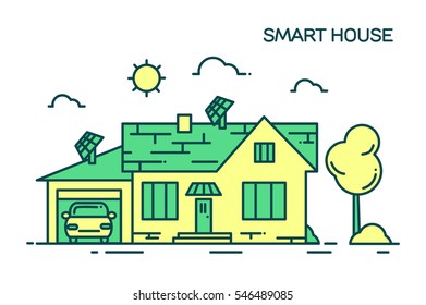 Flat design style modern vector illustration concept of smart house technology system with centralized control of lighting, heating, ventilation and air conditioning, line art