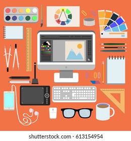 Flat design style modern vector illustration icons set of graphic designer items and tools, office various objects and equipment. Isolated on stylish color background