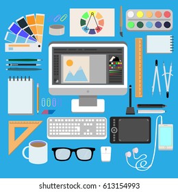 Flat design style modern vector illustration icons set of graphic designer items and tools, office various objects and equipment. Isolated on stylish color background