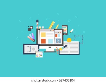 Flat design style modern vector illustration icons set of graphic designer items and tools, office various objects and equipment. Isolated on stylish color background