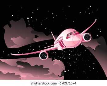 Flat design style modern vector illustration concept of modern detailed airplane flying through pink clouds in the black sky