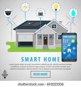Flat design style modern vector illustration concept of smart house technology system with centralized control of lighting, heating, ventilation and air conditioning, security and video surveillance