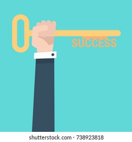 Flat design style modern vector illustration concept of hand holding a key of success, meaning overcoming difficulties, goals achievement