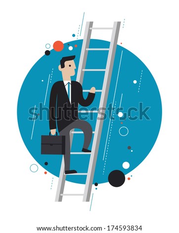 Flat design style modern vector illustration concept of successful businessman climbs upstairs for professional growth, winner performance and personal career improvement. Isolated on white background