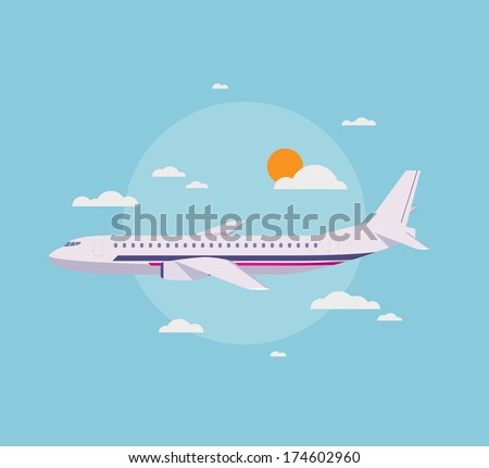 Flat design style modern vector illustration concept of modern detailed airplane flying through clouds in the blue sky. Isolated on stylish background.