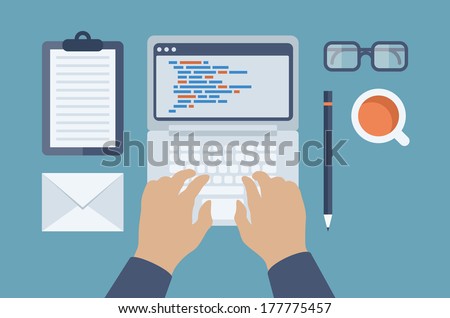 Flat design style modern vector illustration concept of programmer or coder workflow for website coding and html programming of web application. Isolated on stylish colored background.