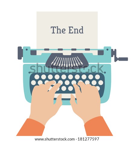 Flat design style modern vector illustration concept of author hands typing on a manual vintage stylish typewriter and the end of story title text on a paper page. Isolated on white background