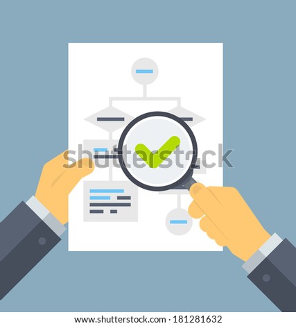Flat design style modern vector illustration concept of businessman hands holding magnifier and analyzing flowchart with data information on a white paper. Isolated on stylish color background