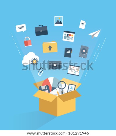 Flat design style modern vector illustration concept of cloud computing technology service, web data storage and archive, information hosting and business document access via internet communication.