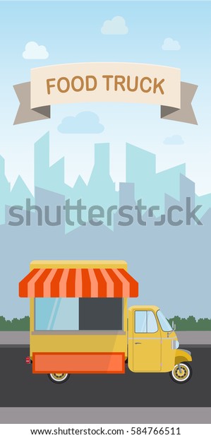 Flat design style modern\
vector illustration food truck. Isolated on stylish color\
background city