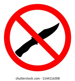 Flat design style. No Knife or No Weapon Sign. No weapon allowed symbol. Knife cross out. Prohibited icon in a red circle isolated on a white background.