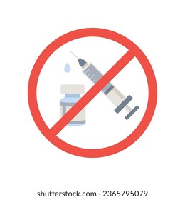 Flat Design Style No vaccine icon coronavirus syringe No drugs allowed. Syringe with forbidden sign. injection prohibition red circle. Covid-19 no vaccine sign vector illustration on background EPS10