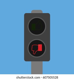 flat design style of red unlike icon lower in one single traffic light sign Vector illustration and the like green symbol in the top is Off . beautiful dislike negative button in the stoplight