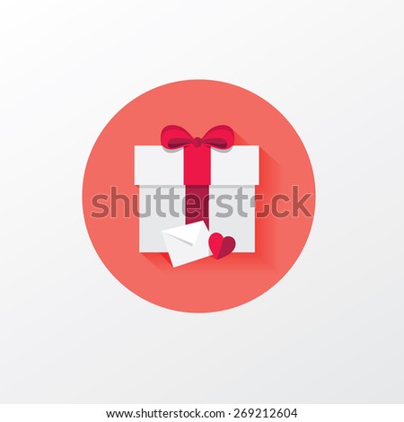 flat design style round pink icon with white gift box bound with red ribbon bow, accompanied with white envelope note and red paper fold heart decoration