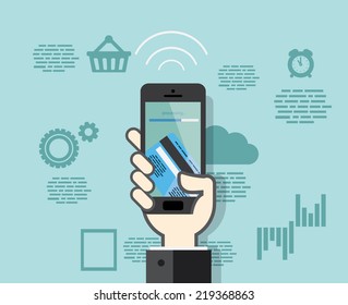 Flat design style smartphone with mobile payments from credit card