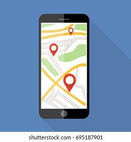 Flat Design style the Smartphone with online map app on screen,vector design Element illustration isolate on blue background