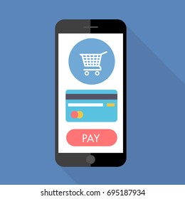 Estilo de diseño plano el teléfono inteligente con App en línea de compras en pantalla, diseño de Vector Ilustración de elemento aislado sobre fondo azul