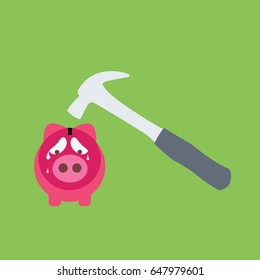 flat design style smashing pink piggy bank Business & finance concept & creative cartoon icon. unhappy piggy bank with simple hammer.