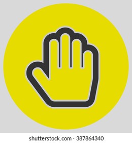 Flat design style. Stop hand. Mouse Stop Hand For Computer Screen. Hand gesture. Style is flat symbol. Black color.  Yellow circle  background.