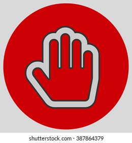 Flat design style. Stop hand. Mouse Stop Hand For Computer Screen. Hand gesture. Style is flat symbol. Silver color.  Red circle  background.