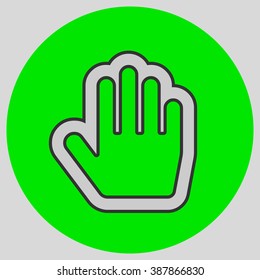 Flat design style. Stop hand. Mouse Stop Hand For Computer Screen. Hand gesture. Style is flat symbol. Silver color.  Green circle  background.