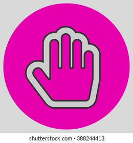 Flat design style. Stop hand. Mouse Stop Hand For Computer Screen. Hand gesture. Style is flat symbol. Silver color.  Magenta circle  background.