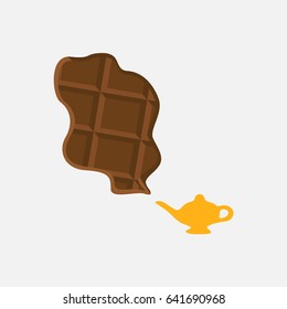 flat design style tasty chocolate bar isolated cartoon vector. clean old modern golden aladdin or Genie's magic lamp & a big cool smoke or wishing cloud. dreams come true. 