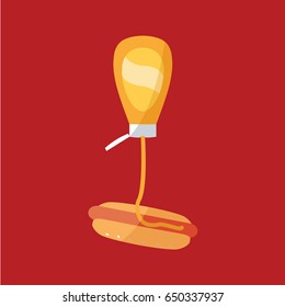  flat design style tasty and delicious simple modern Hot Dog in a clean isolated bun vector with Mustard bottle cartoon above. Appetizing food for children isolated