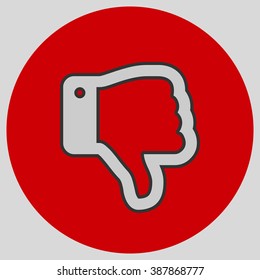 Flat design style. Thumb Down vector icon. Hand gesture. Style is flat symbol. Silver color.  Red circle  background.