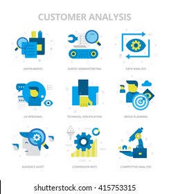 Flat design style vector icons of customer analysis and audience audit. Digital marketing concept icons