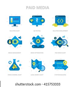 Flat design style vector icons of paid media, solutions development and media optimization. Digital marketing concept icons