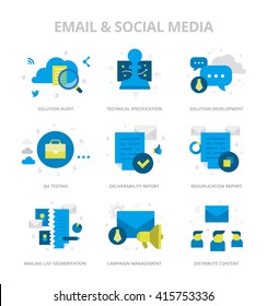 Flat design style vector icons of social media and email marketing. Digital marketing concept icons