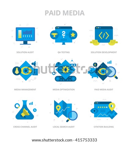 Flat design style vector icons of paid media, solutions development and media optimization. Digital marketing concept icons