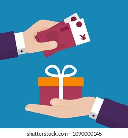 Flat Design Style Vector Illustration of a Businessman Hand Giving Cash and Buying a Gift Box